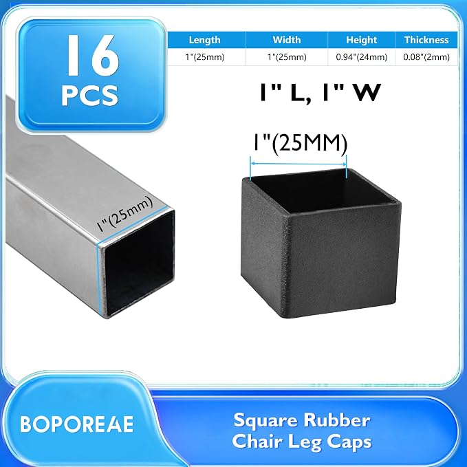 16 Pcs 1" x 1" Square Rubber Chair Leg Caps, PVC Table Leg Covers, Flexible & - Image 2