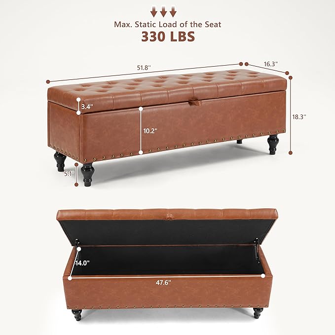 50" Storage Ottoman Bench, Tufted Ottoman - Image 2