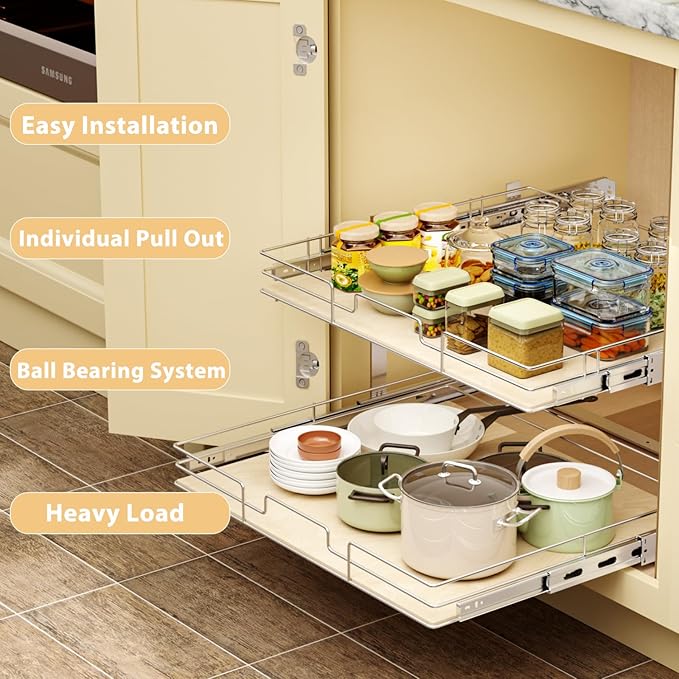 ROOMTEC 2 Tier Individual Pull Out Cabinet Organizer 19½"W x 21½"D, Slide Out - Image 5