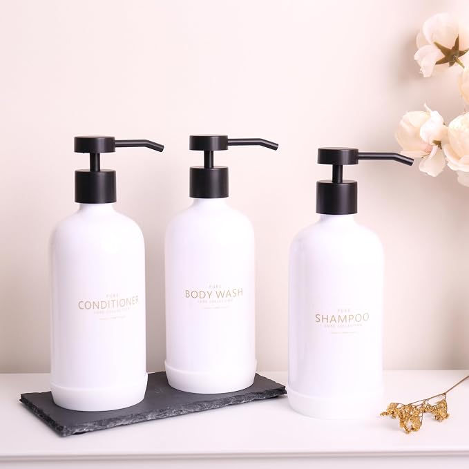 Shampoo and Conditioner Dispenser Set of 3, Refillable 21oz Shampoo Bottles - Image 3
