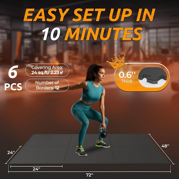 PRAISUN 0.6" Thicker Gym Mat, 6 Tiles 24 Sq Ft Workout Mats, Interlocking Foam - Image 5