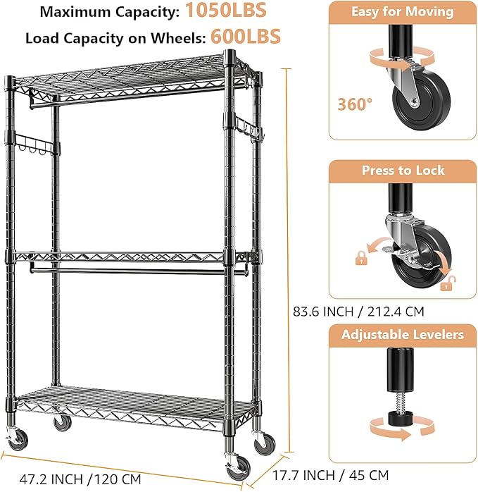 Heavy Duty Rolling Garment Rack 3 Tiers Adjustable Wire Shelving Clothes Rack - Image 8
