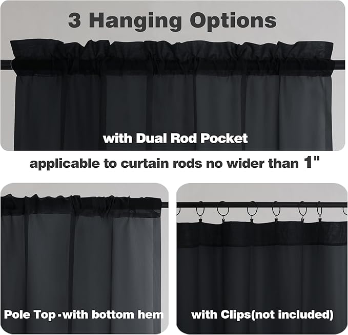 Chyhomenyc Black Sheer Window Curtain Panels 63 Inches Length, 2 Pieces - Image 2