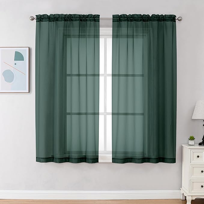 Chyhomenyc Hunter Green Sheer Curtains 63 Inch Length 2 Panels, Rod Pocket by Chyhomenyc