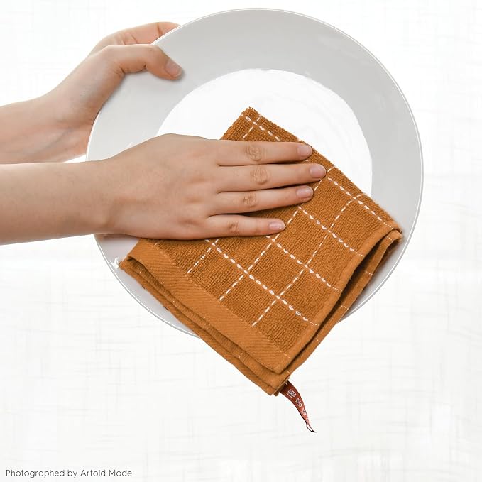 Artoid Mode Checkered Designed Cotton Beige Caramel Terry Kitchen Dish Cloths - Image 6