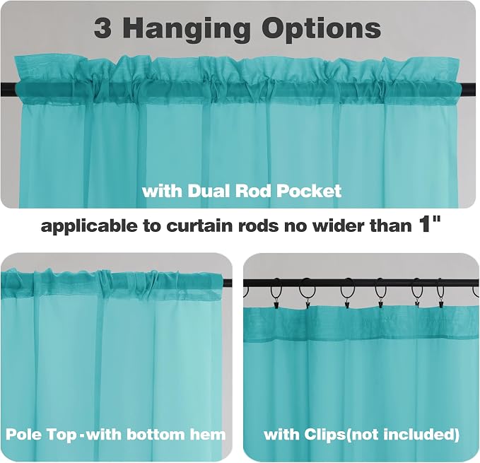 Chyhomenyc Turquoise Sheer Curtains 36 inch Length 2 Panels, Light Filtering - Image 3