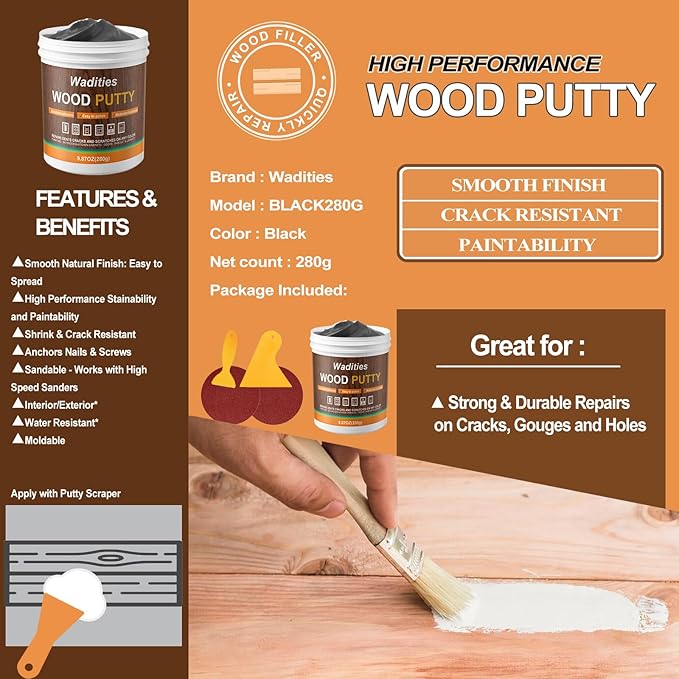 Black Wood Filler, Paintable Stainable Wood Repair Putty, 9.87 Ounce Wood - Image 4