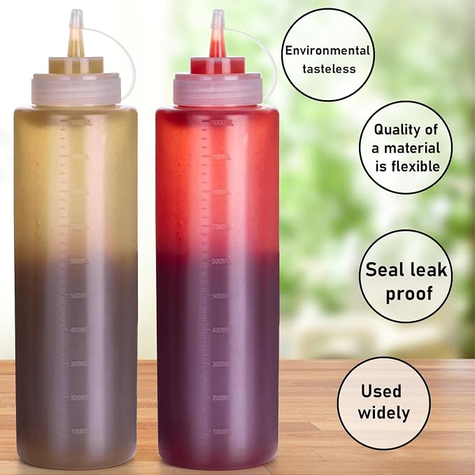 Squeeze Bottles for Sauces 2 Pack, 32 Ounce 1000ml Plastic Dressing Squirt - Image 5