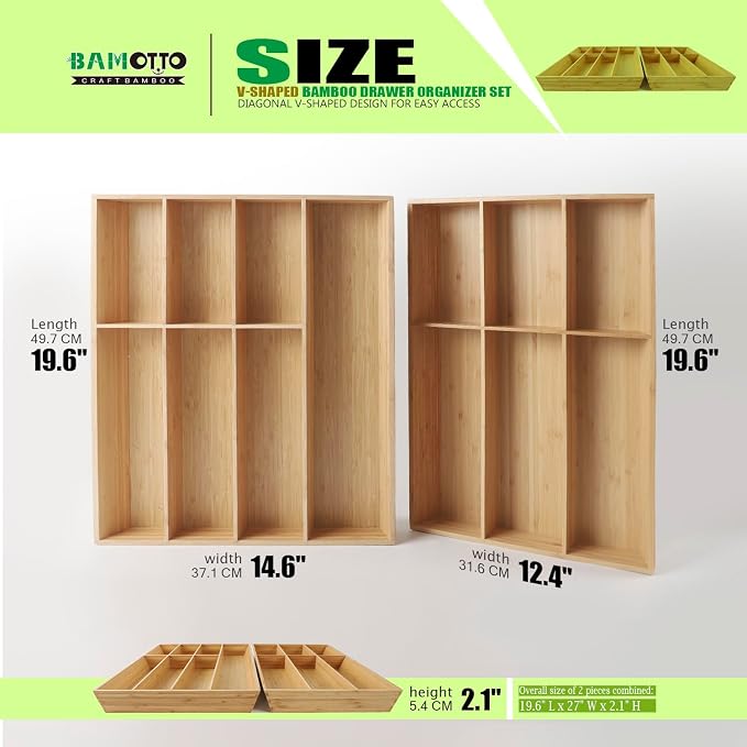 V-Shaped Extra Large Bamboo Drawer Organizer Set of 2, Kitchen Cutlery Tray - Image 2