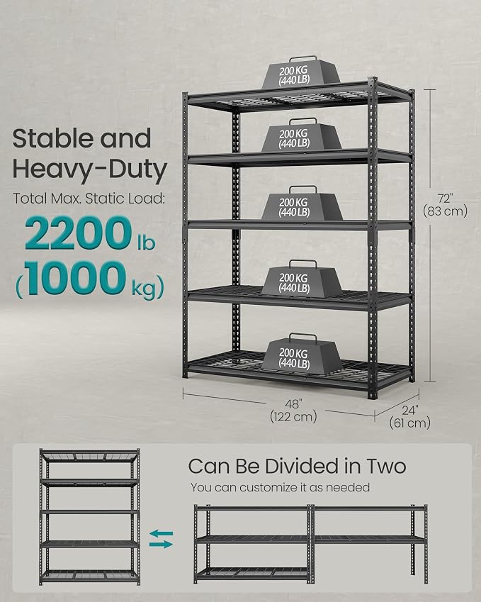 SONGMICS 5-Tier Storage Shelves, Heavy-Duty Garage Shelving, Adjustable - Image 3