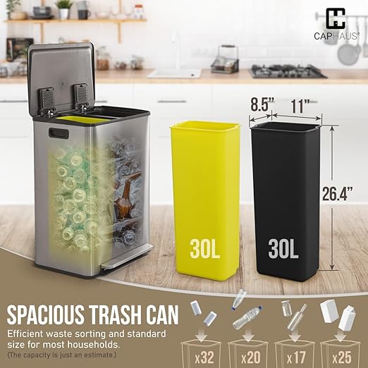 CAPHAUS Black Dual Trash Can w/Single Lid, Trash & Recycle Bins Combo, - Image 3
