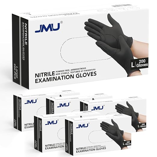 JMU Black Nitrile Gloves Large Case of 1200, Latex Free & Powder Free Medical by JMU