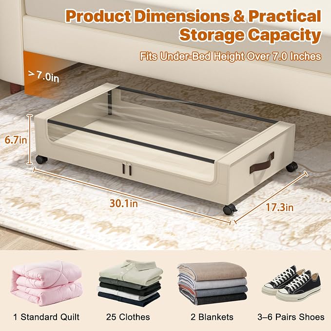 Under Bed Storage with Wheels, 4 Pack Under Bed Storage Containers with Clear - Image 2