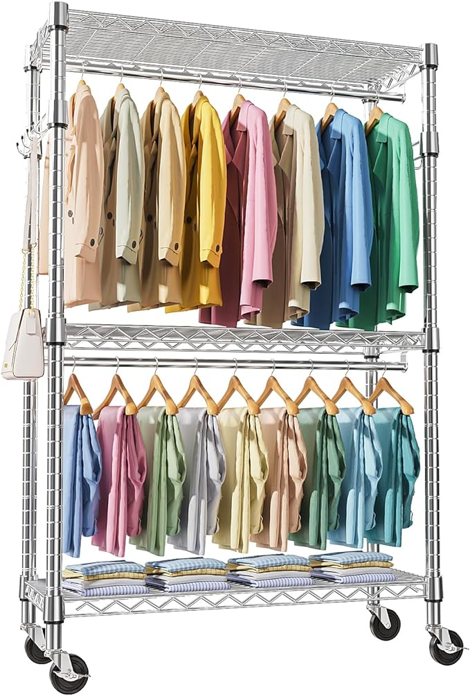 Heavy Duty Rolling Garment Rack 3 Tiers Adjustable Wire Shelving Clothes Rack by MEIGAOPLASTICANDMETALHKCOLIMITED