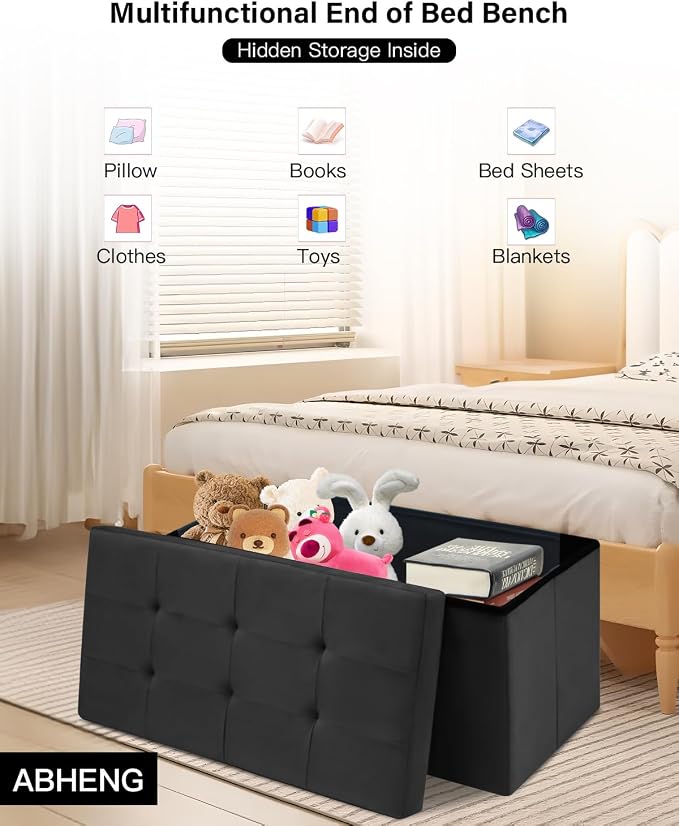 Folding Storage Ottoman, Velvet Storage Bench, Removable Divider, - Image 4