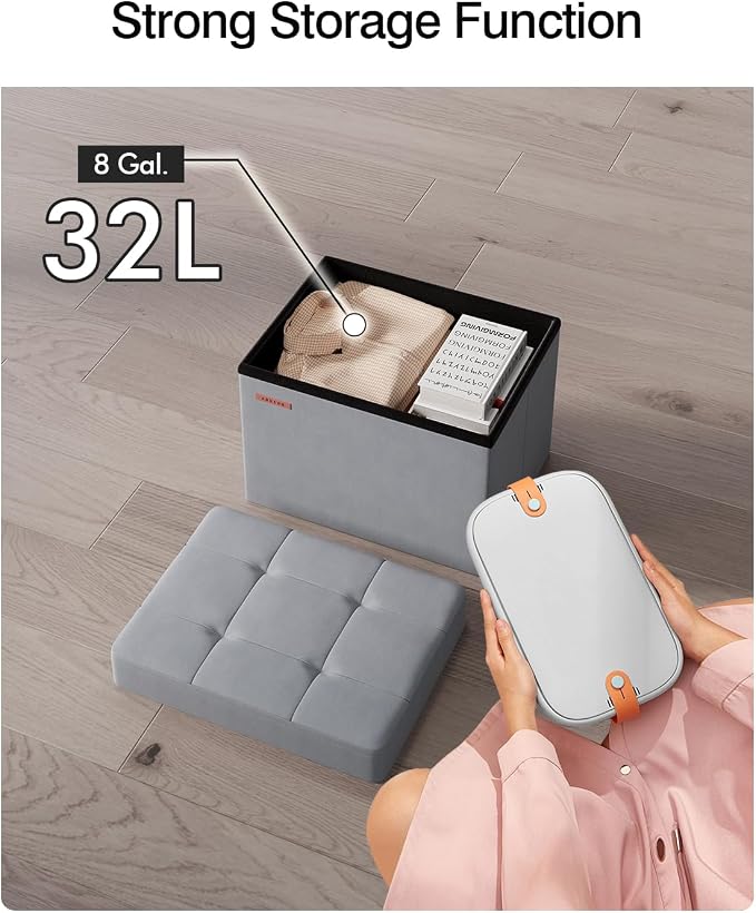 Folding Storage Ottoman, Velvet Storage Bench, Foot Stool, - Image 5