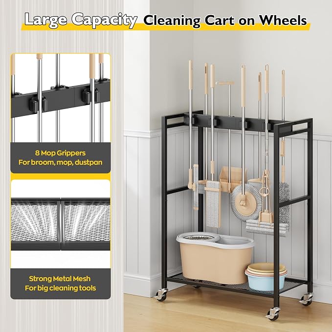 BORISI Broom And Mop Holder, Movable Broom Closet Storage Cabinet, Cleaning Cart - Image 5