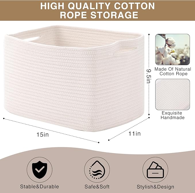 Storage Baskets for Organizing Shelves, Woven Cotton Rope Bins for Baby Nursery - Image 3