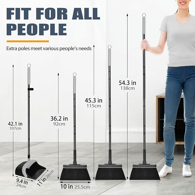 JEHONN Broom and Dust Pan, 54.3 inches Long Handle Swivel Brush, Upright - Image 8