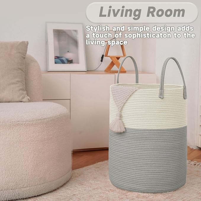 Large Woven Laundry Basket Hamper, 80L Cotton Rope Storage Bin - Image 3