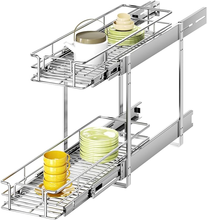 2 Tier Individual Pull Out Cabinet Organizer 7½" W x 21½" D, Heavy Duty Cabinet by Unknown
