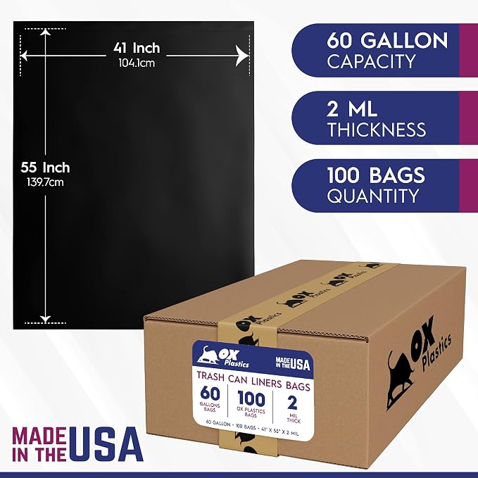Ox Plastics 60 Gallon Trash Can Liners Garbage Bags - Image 3