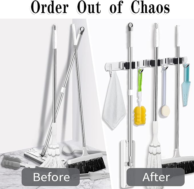 2 Pack 3 Racks and 4 Hooks Broom and Mop Holder Wall Mounted Garage Organizer - Image 6