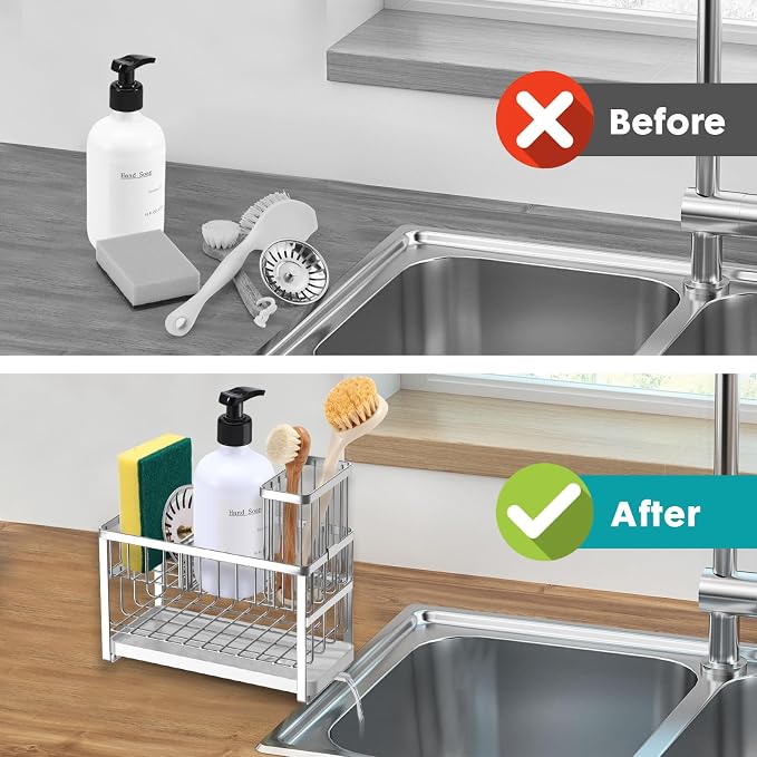 Sinnsally Kitchen Sponge Holder, 2 Tier Sink Caddy Organizer - Image 6