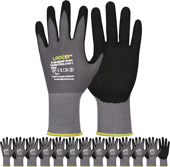 LOCCEF Work Gloves MicroFoam Nitrile Coated-6 Pairs, Seamless Knit Nylon Gloves by LOCCEF