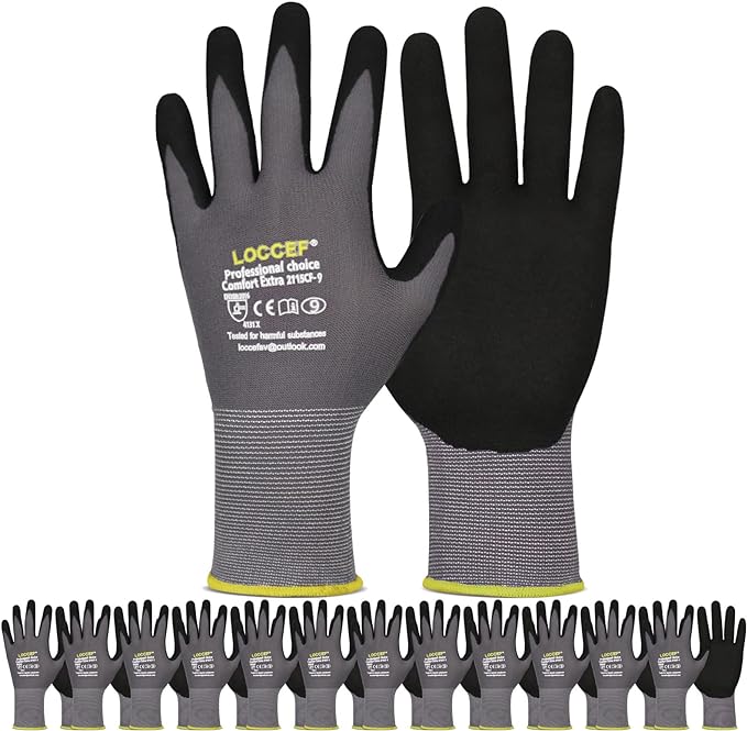 LOCCEF Work Gloves MicroFoam Nitrile Coated-6 Pairs, Seamless Knit Nylon Gloves by LOCCEF