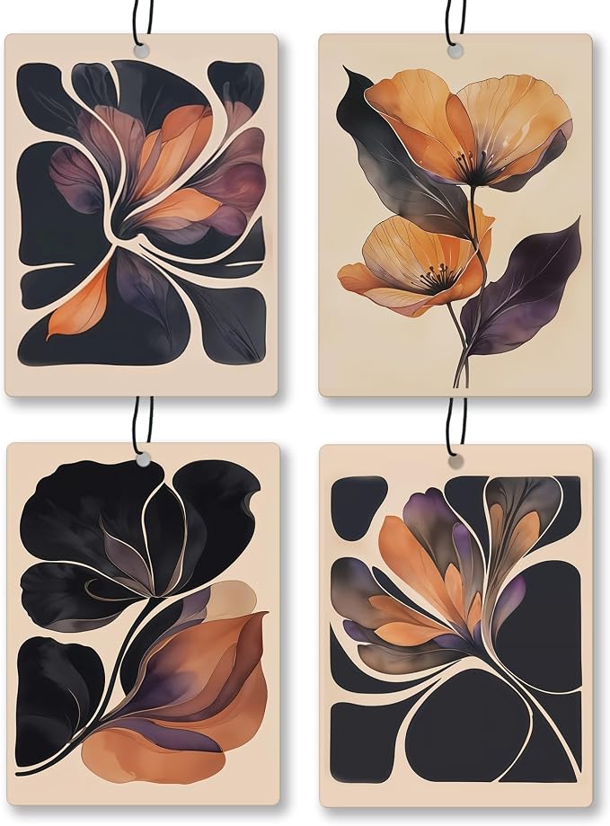 Boho Abstract Floral Car Air Freshener 4 Pcs, Retro Orange and Black Flower by Unknown