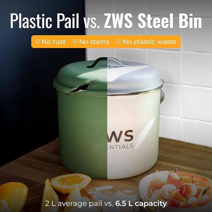 White Stainless Steel Compost Bin | 6.5L Odor-Free Kitchen Countertop Food - Image 5