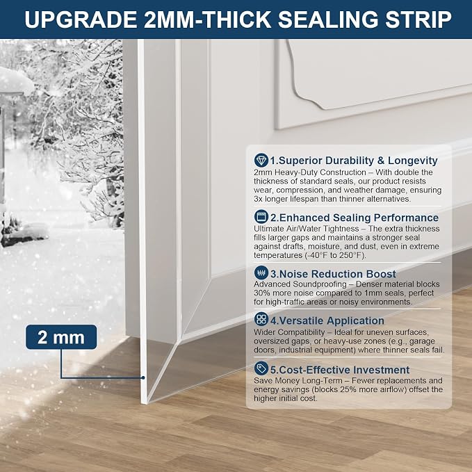 Heavy-Duty 20 ft x 3 in Weather Stripping, Extra Thick 2mm Door Draft Stopper - Image 8