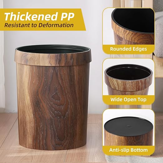 Wood Grain Plastic Trash Can Bedroom, Round 2-Pack, 3.4 Gal Farmhouse - Image 4