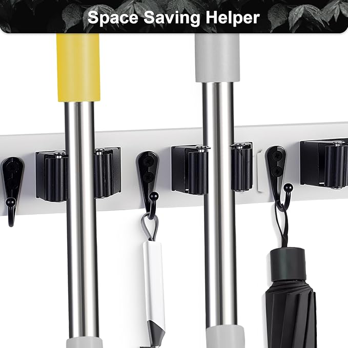 Broom Holder Wall Mount With 5 Slots & 4 Hooks，Rustic Wood Broom & Mop - Image 6