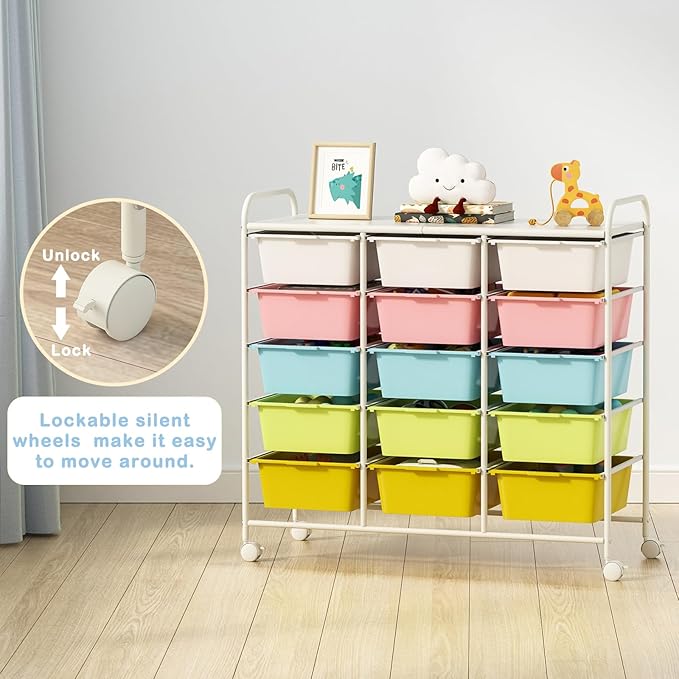 15 Drawers Rolling Cart With Wheels, Plastic Storage Drawer With Metal Frame - Image 5
