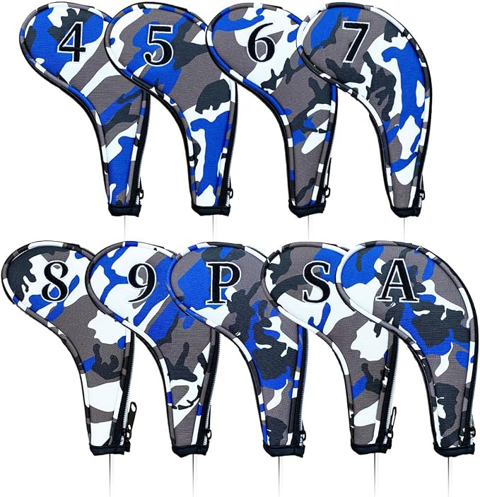 9pcs PU Leather Camouflage Blue Zipper Long Neck Design Golf Iron Headcovers by Mykepoda