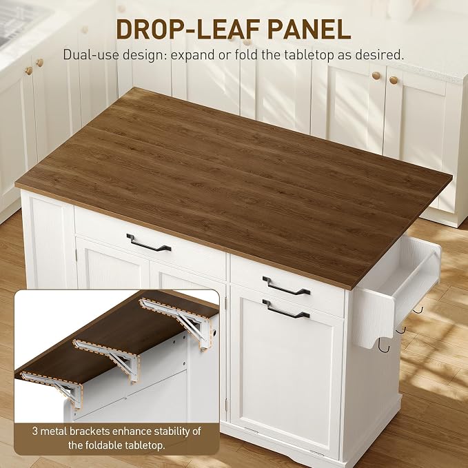 Kitchen Island with Power Outlet & Drop Leaf, Rolling Storage Cart with Trash - Image 6