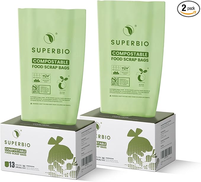 SUPERBIO 13 Gallon Flat Top Compostable Food Waste Bags, 2 Pack, 0.87 Mil by SUPERBIOCOMPOSTABLEBAGS
