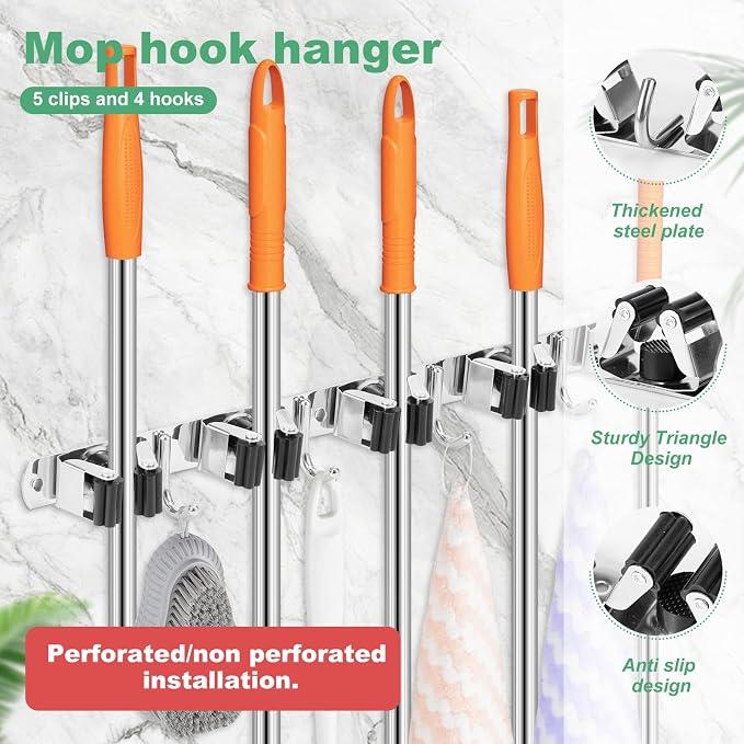 5Pcs 5 Racks 4 Hooks Stainless Steel Broom Mop Holder Anti Slip Wall Mount - Image 3