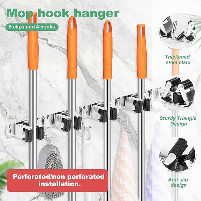3Pcs 5 Racks 4 Hooks Stainless Steel Broom Mop Holder Anti Slip Wall Mount - Image 3