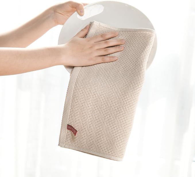 Artoid Mode 100% Cotton Beige Waffle Weave Kitchen Dish Cloths, 12x12 Inch - Image 3