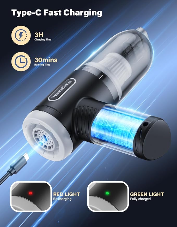 Car Vacuum Portable Cordless, 16000Pa Handheld Vacuum Mini Vacuum Cleaner High - Image 3