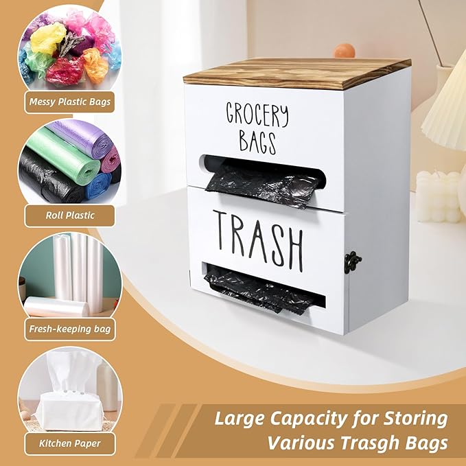 2 in 1 Trash Bag Dispenser, Double Wall Mounted, Wood Trash Bag Holder - Image 4