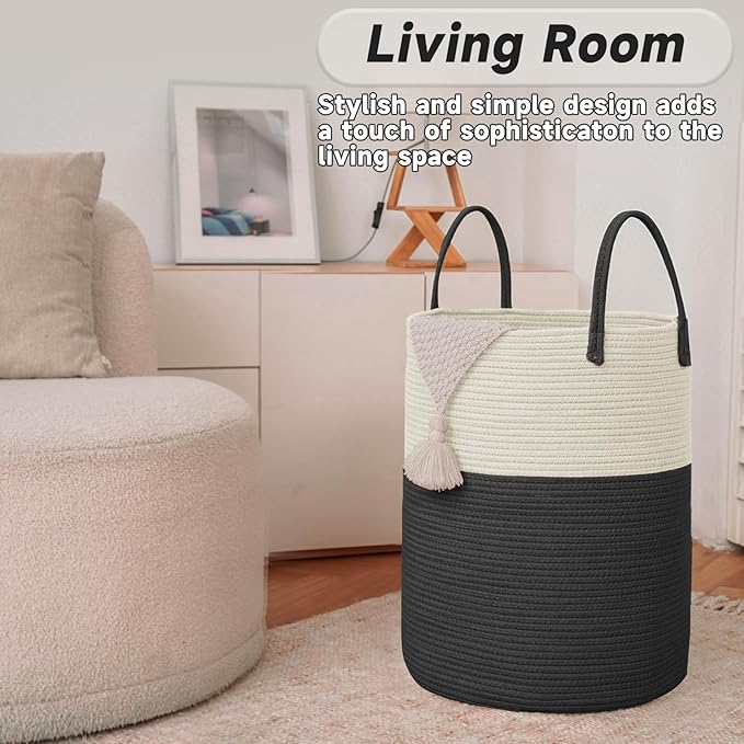 Large Woven Laundry Basket Hamper, 60L Cotton Rope Storage Bin - Image 3