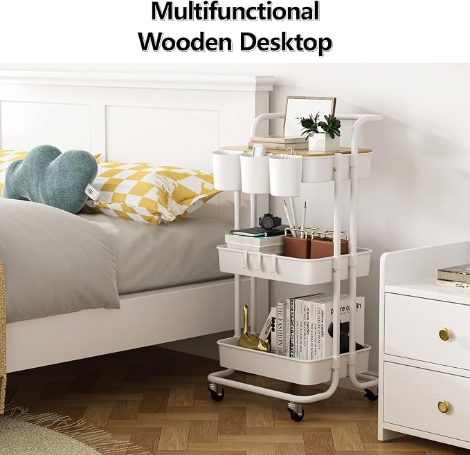3 Tier Rolling Cart with Metal Handle, Table Top, Hanging Cups, Plastic Storage - Image 4