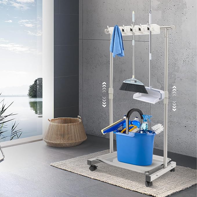 Broom Mop Holder, Movable Put Wet Mops Broom Floor Standing Cleaning Tool Rack - Image 7
