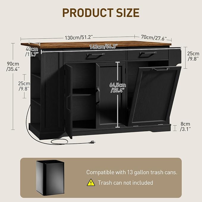 Kitchen Island with Power Outlet & Drop Leaf, Rolling Storage Cart with Trash - Image 2