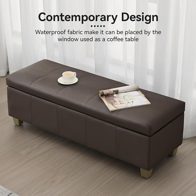 51" Faux Leather Storage Ottoman, Stitch Tufted Rectangle Upholstered End of - Image 7