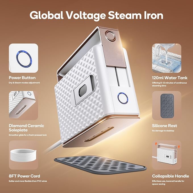 Newbealer Travel Steam Iron for Clothes, Global Voltage 100-240V Handheld - Image 2
